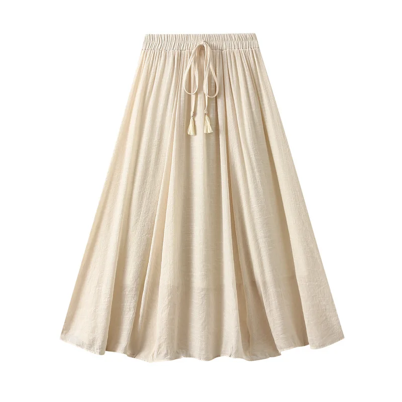 Jupe Midi en Coton et Lin à Double Couche pour Femme, Taille Haute, Vintage, Solide, à Lacets, Nouvelle Collection Été 2024