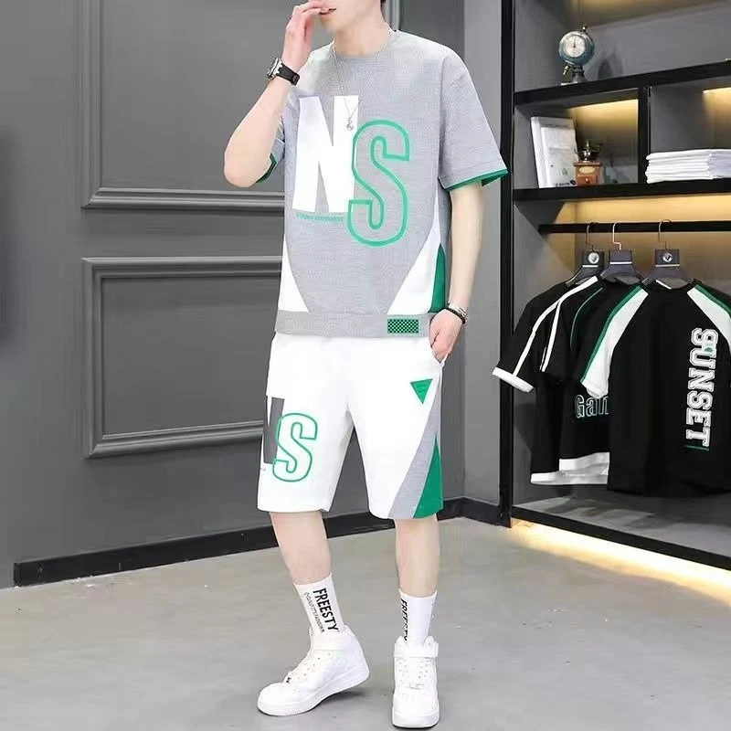 Summer Men Loose Fit 2 Piece Set Short Sleeve T Shirt Shorts Tracksuit Sportswear Casual Athletic Gym Lounge Wear