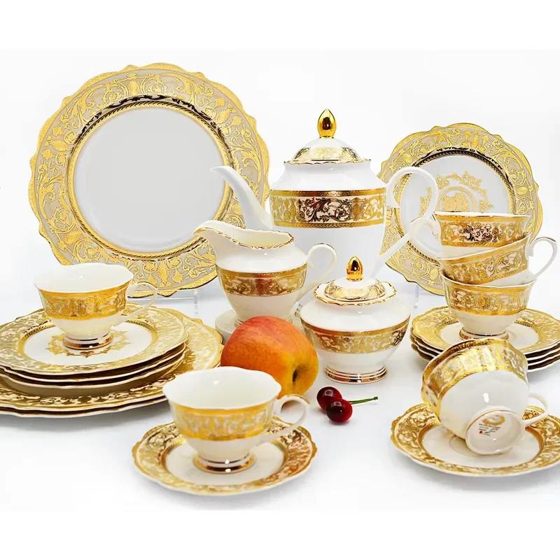 98 Quick Shipping 98pcs Embossed Gold Decoration Tableware Royal Style China Dinnerware Porcelain