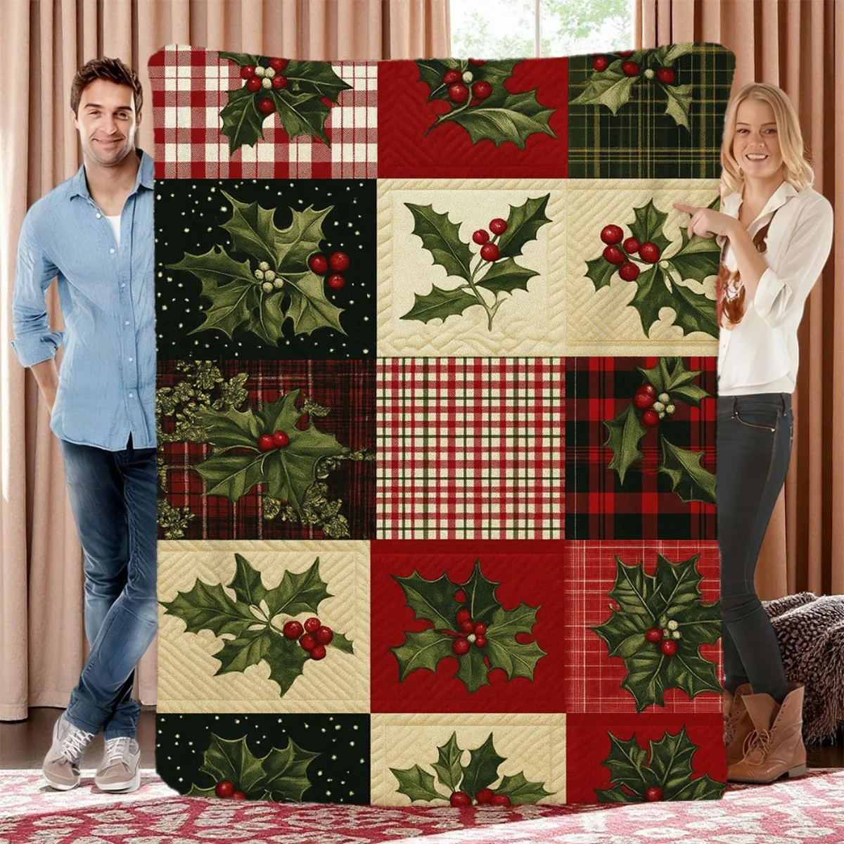 Holly Berry Plaid Vintage Holiday Throw Blanket for Sofa Zone Classic Design Blanket Mat Accent