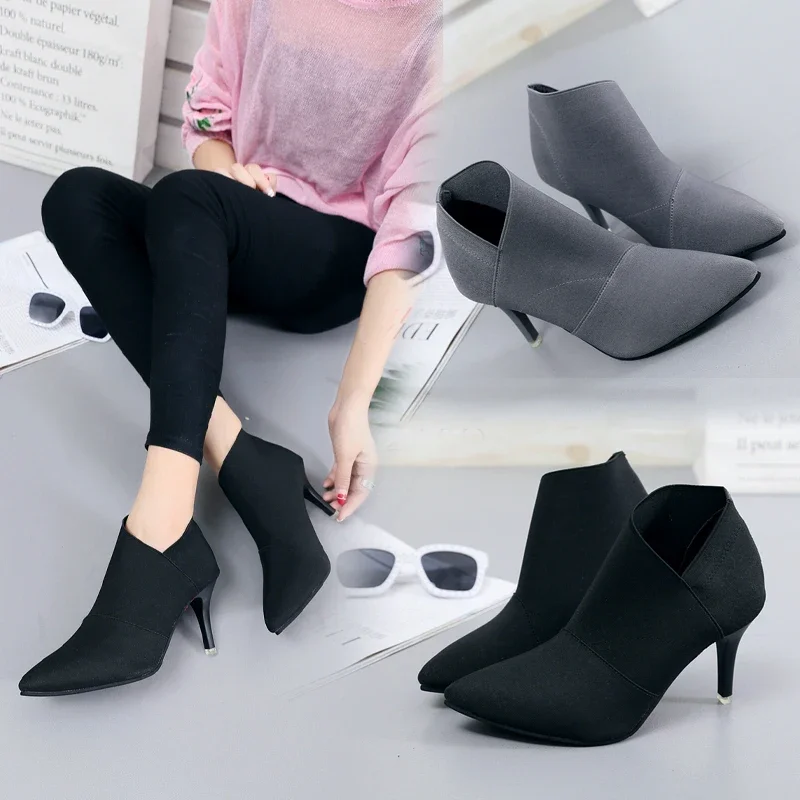 2024 Grey Fashion Women High Heel Booties Large Size 34-41 Female High-Heeled Boots Young Ladies Booties 8.5cm Heel Cloth Boots