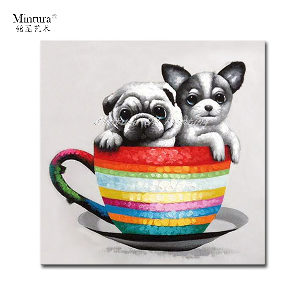 Mintura Painting for Living Room Wall Art Cartoon Two Dogs in A Cup Acrylic Canva Oil painting Hand-Painted Home Decor No Framed