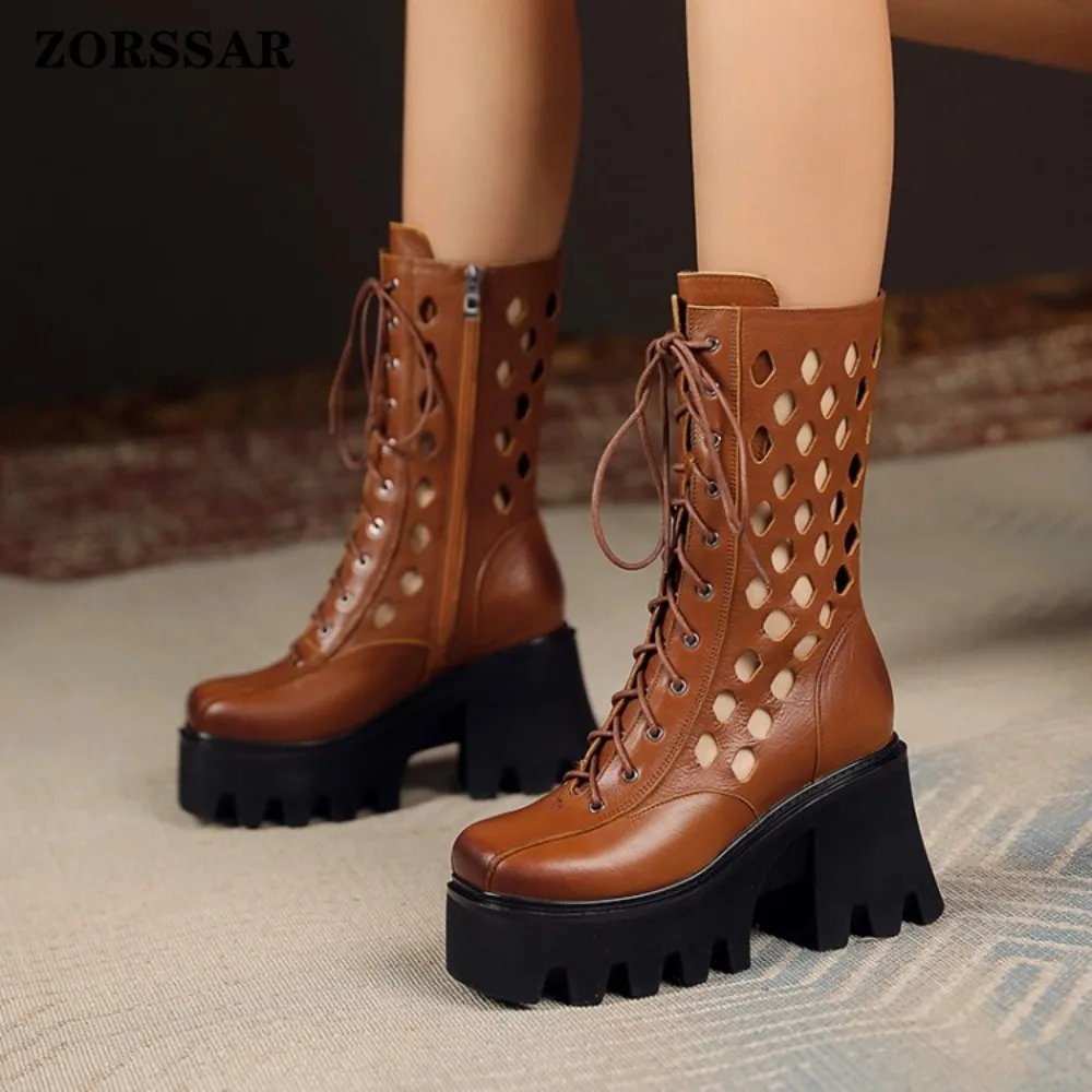 

Женские летние ботинки до колена на платформе, с вырезами, на шнуровке, на массивном каблуке, с боковой молнией, дышащие, модные, в стиле ретро, повседневная обувь