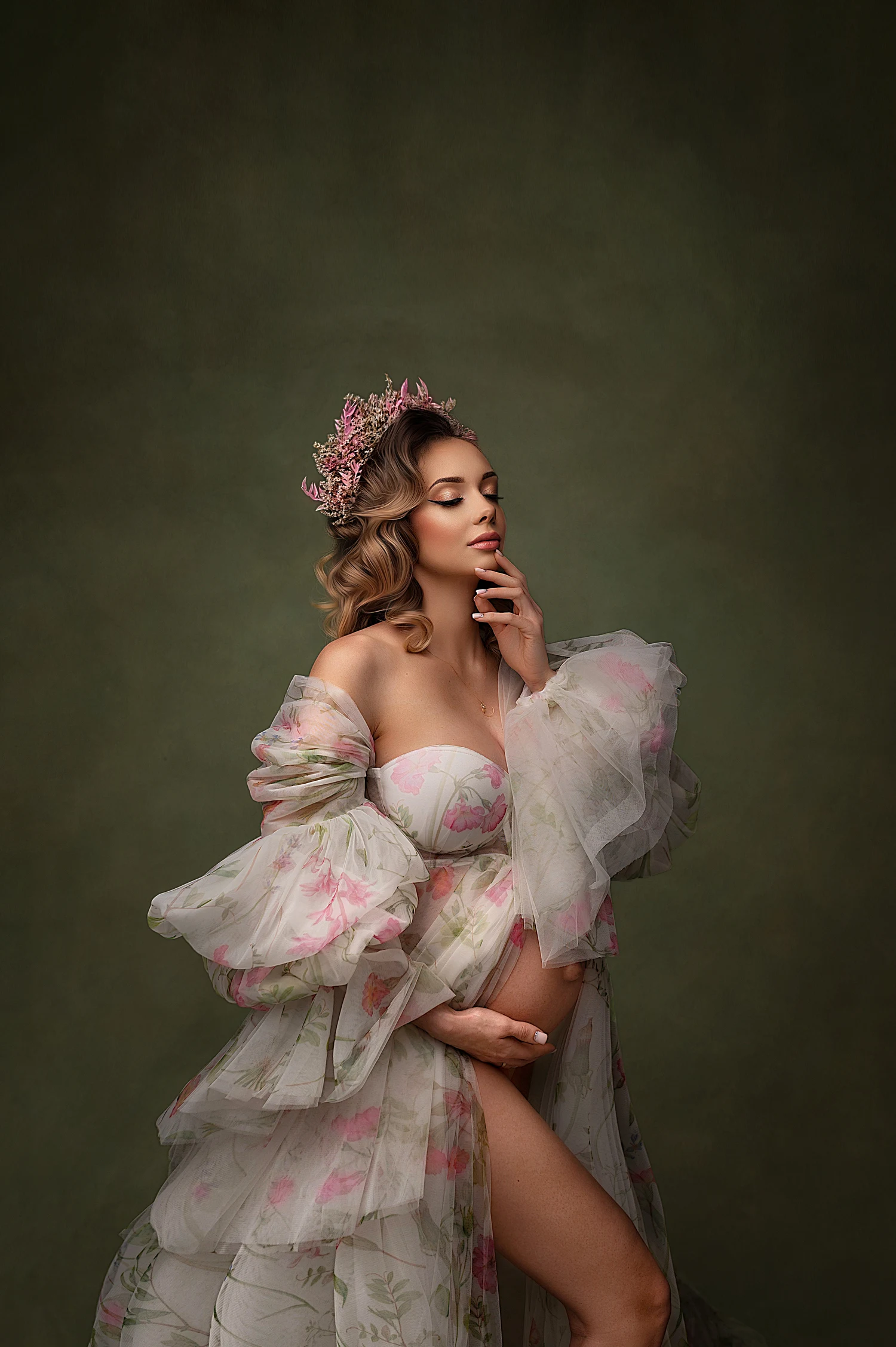 custom 14810#Flower Print Open Front Maternity Dress for Photoshoot Maternity s Babyshower Photography Wedding Gown Puff Sleeve