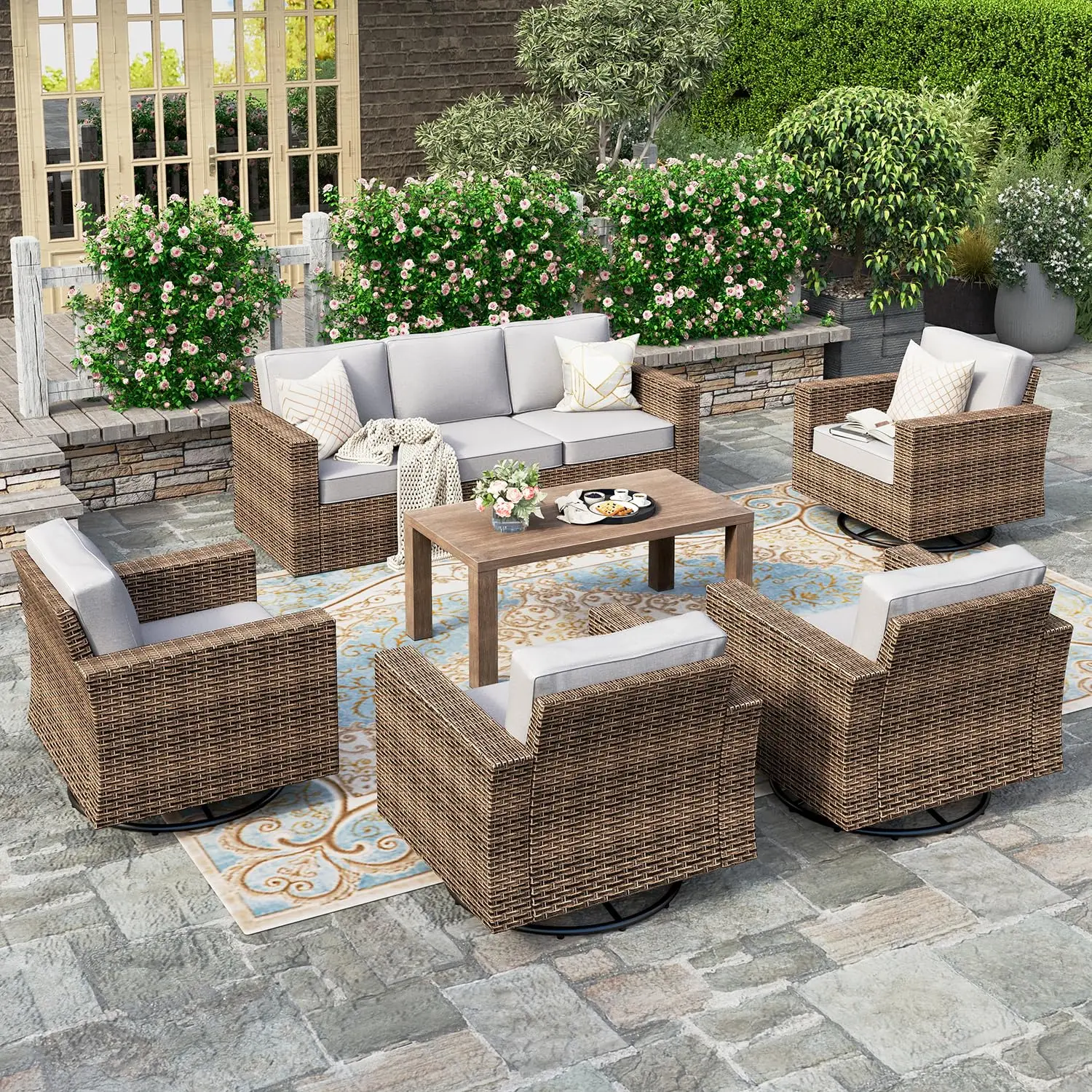 7-Seat Patio Sofa Set with Wide Arm for Outdoor Garden, Grey, Customized