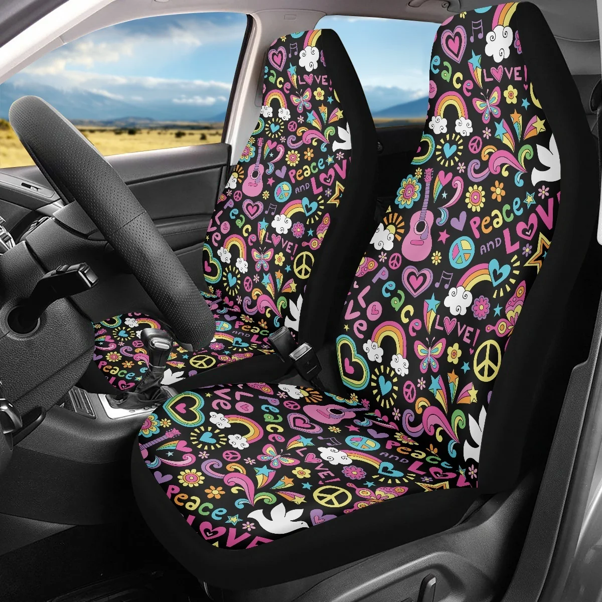 Car Seat Cover Peace and Love Rainbow Butterfly Guitar Pattern Non-slip Car Accessories Front Seat Covers Sedan Protection Cover