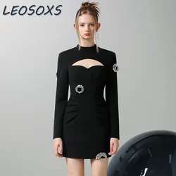 LEOSOXS Designer Black Crew Neck Long Sleeve Dress Women's 2024 Autumn New Commuter High Waist Skinny Sexy Hip Wrap Short Dress