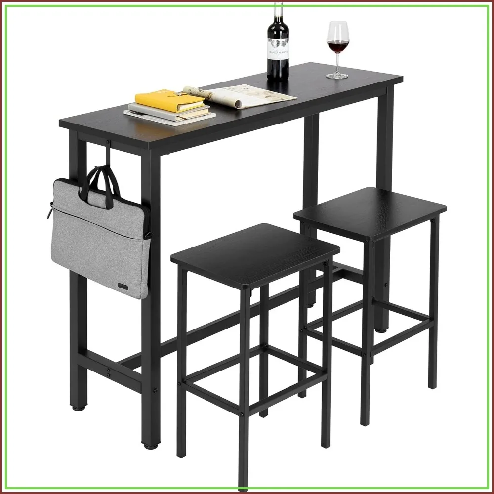 47 Inch Bar Set with 2 Stools, Rectangular High Top Pub Table for Kitchen, Industrial Black