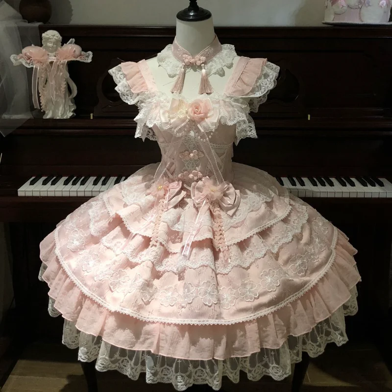 オリジナルスイートキュートガール誕生日パーティー プリンセスLOショートドレス 3Dボウレーススプライス パフスリーブ カワイイピンク ロリータJSKドレス 女性用