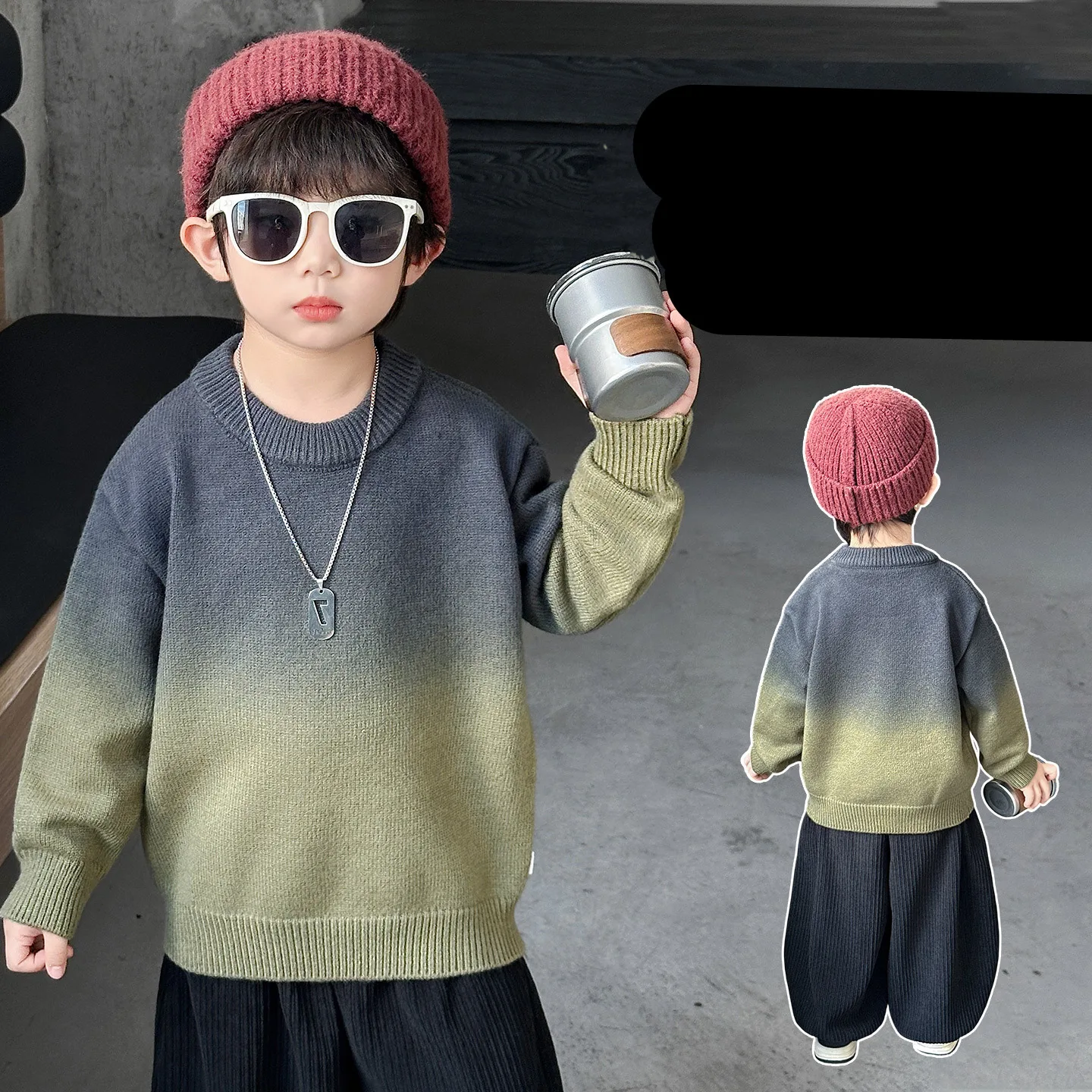 

2026 Spring Knitwear For Little Boys Gradient Army Green Knit Sweater Baby Kids Fashion Knitted Outfit For Toddler Child 2-11 Y