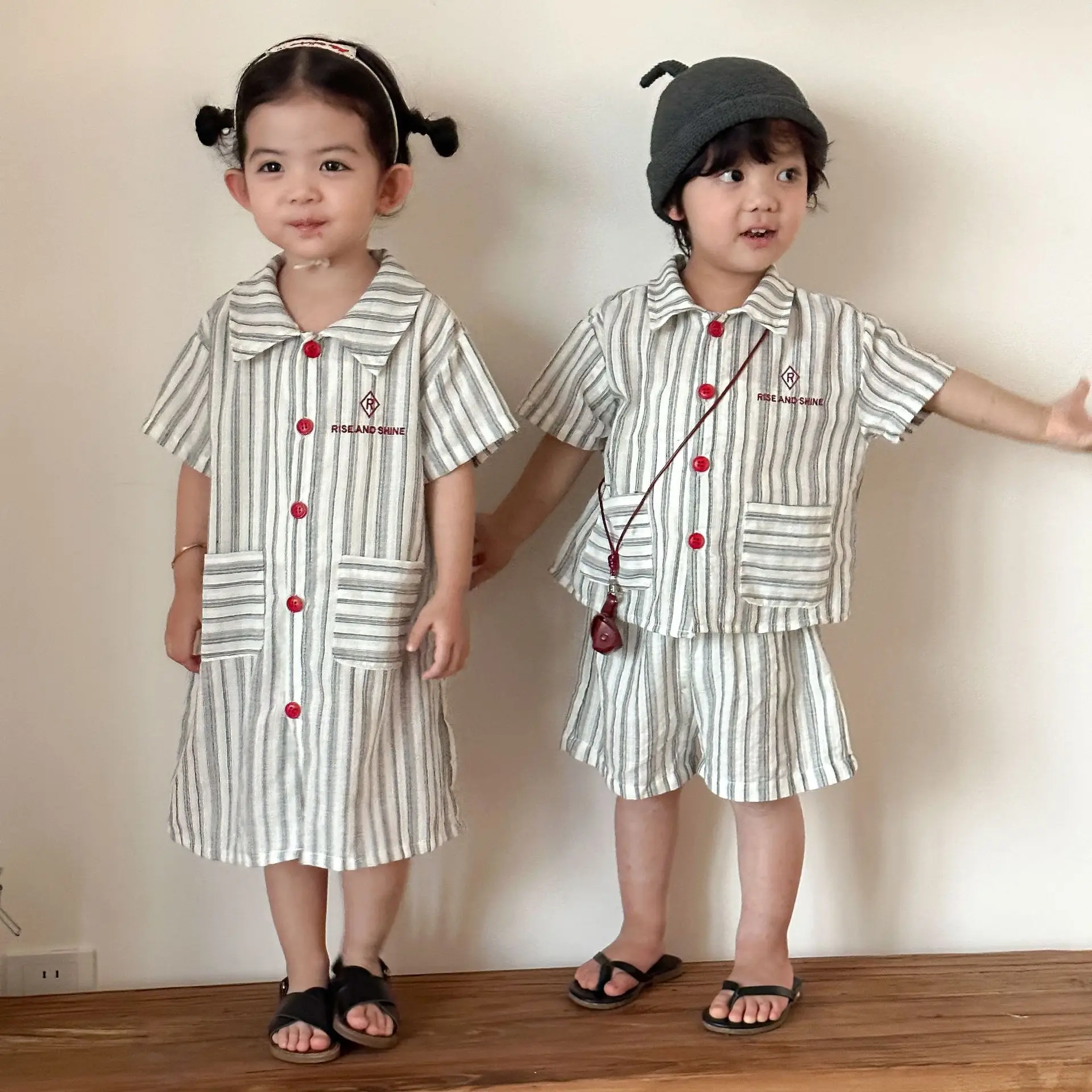 

2026 Summer 1T-8T Childrens Sets Striped Shirtdress for Girls Red Button-down Collared Boys Shirt