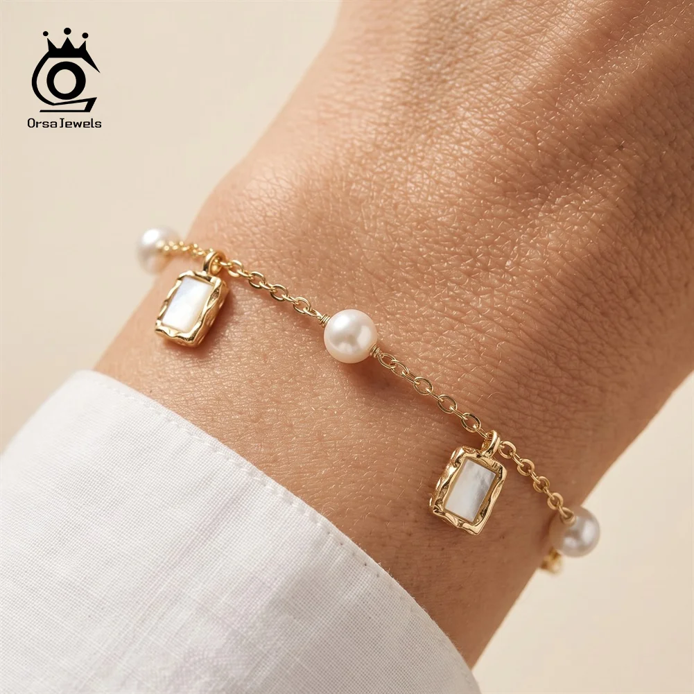 ORSA JEWELS Vintage Shell Pearl Wrist Bracelet 925 Sterling Silver Hand Crafted Elegant Jewelry for Party Wedding Ladies PSB15