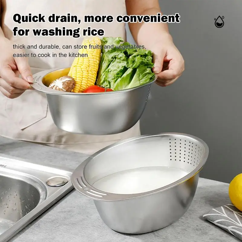 Stainless Steel Rice Washer Household Rice Wash Basket Diagonal Bottom Design Rice Drain Basket for Grains Fruits Pasta