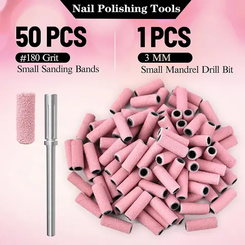 Pink 3MM Sanding Bands 50 Pcs With Mandrel Bit Se 180 Fine Grit Small Nail Files Sanding Band for Acrylic Nails Gel Manicure