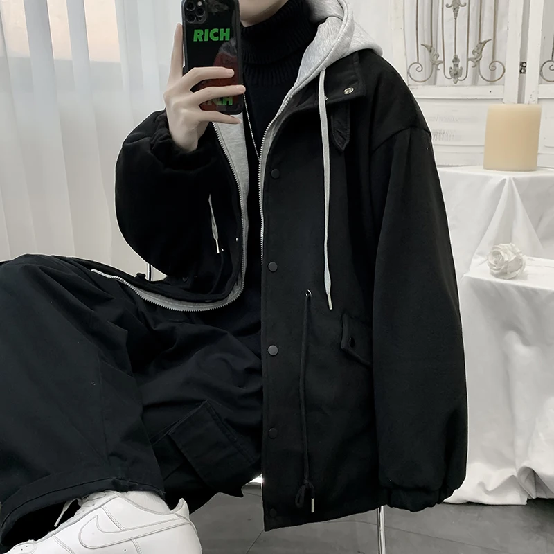 الشتاء الرجال القطن Jaet مع غطاء محرك السيارة فضفاضة تناسب معطف الصوف الدافئ العصرية الشباب عارضة Faion زر واحد إغلاق طول منتظم #3