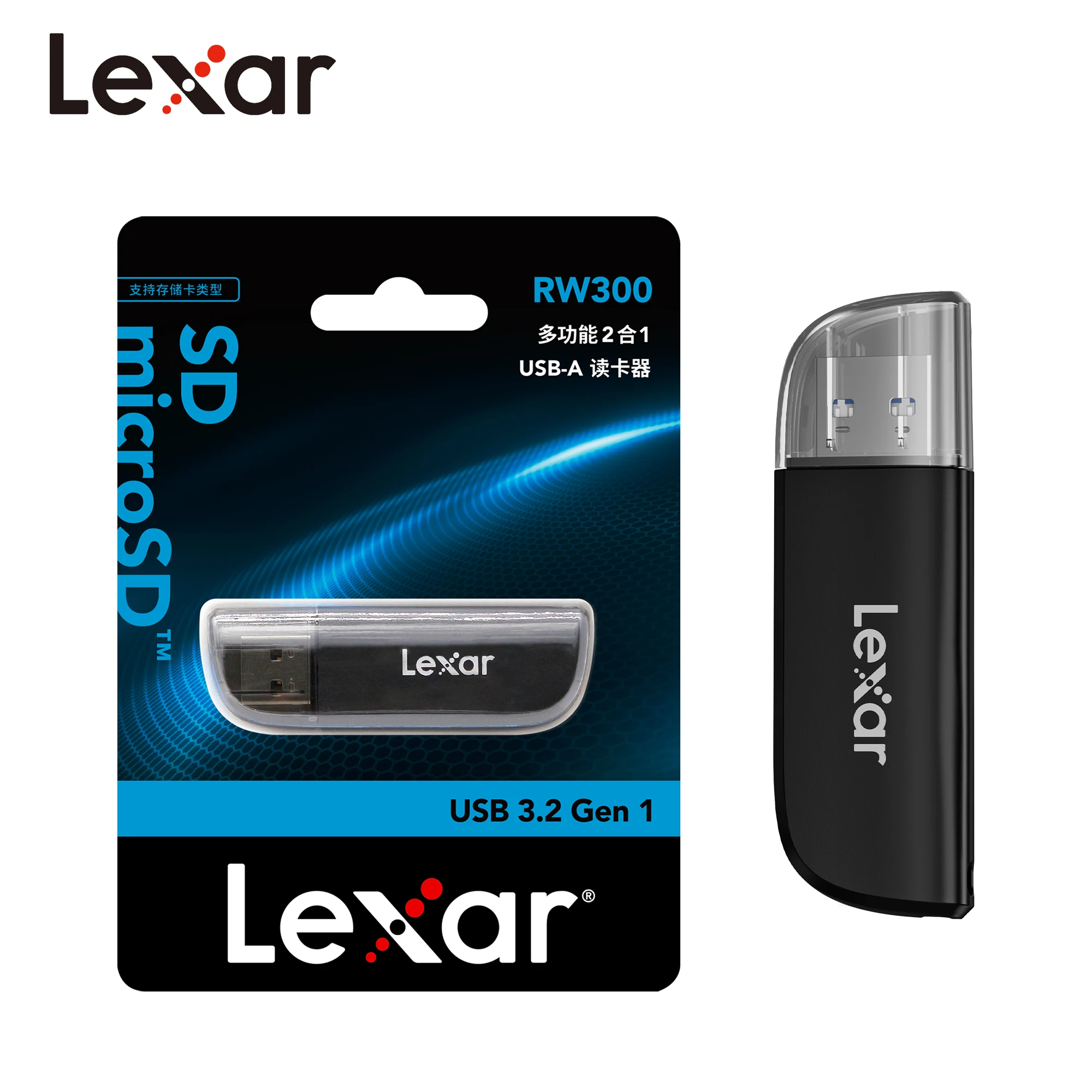 Lector de tarjetas Lexar multifunción 2 en 1 USB 3.2 Tipo-A 300U TF SD con diseño de doble ranura para tarjetas, para computadoras/teléfonos móviles/cámaras