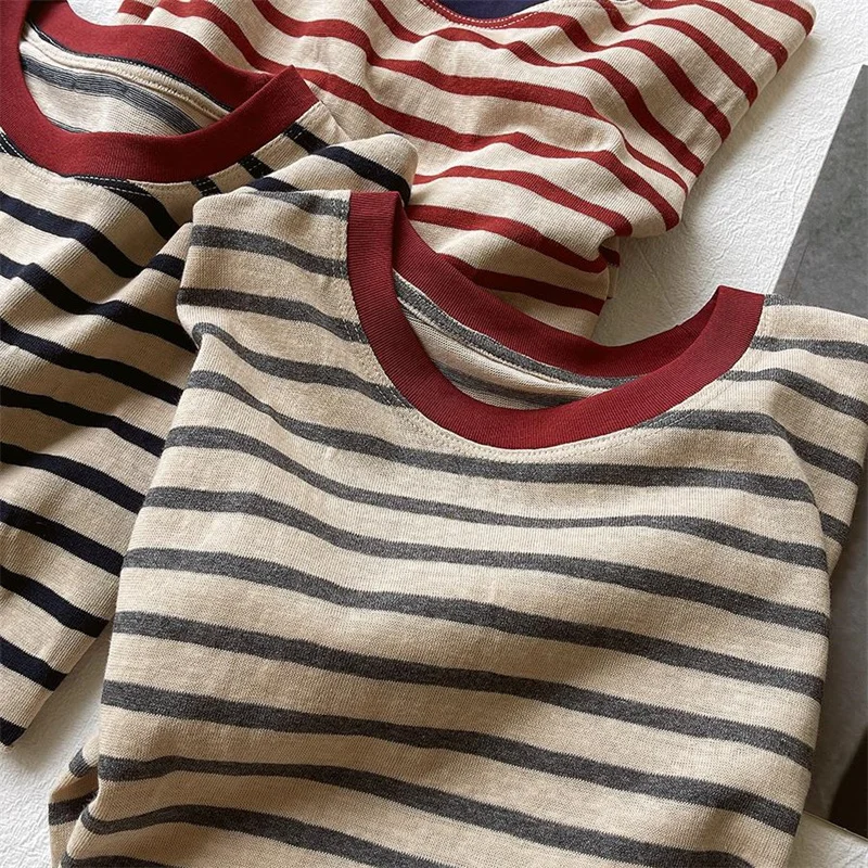 Retro Color Block Striped round Neck Short Sleeve T-Shirt Women's Loose Slimming Versatile Base Shirt Summer New Style Top