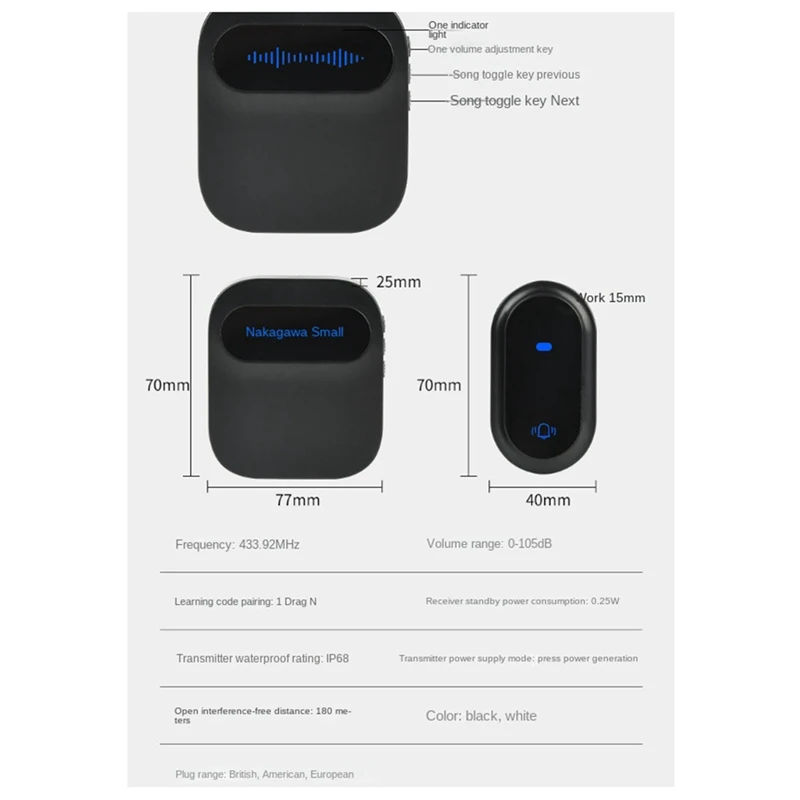 Bel Pintu Nirkabel Tahan Air Bel Pintu Pintar IP68 Bel Pintu Rumah Cerdas 38 Lagu Kontrol Volume 4 Tingkat