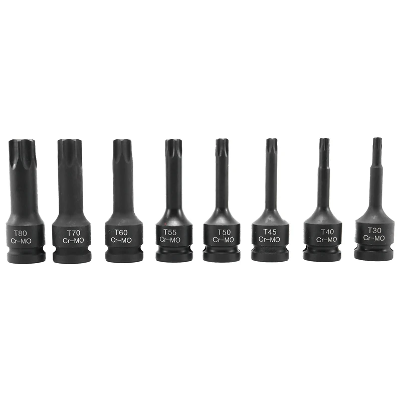 Newtorx Bit Star Socket 1/2Inch Square Drive 8Pcs Set T30 T40 T45 T50 T55 T60 T70 CR-MO Impact Socket Bit Tool 78Mm Long