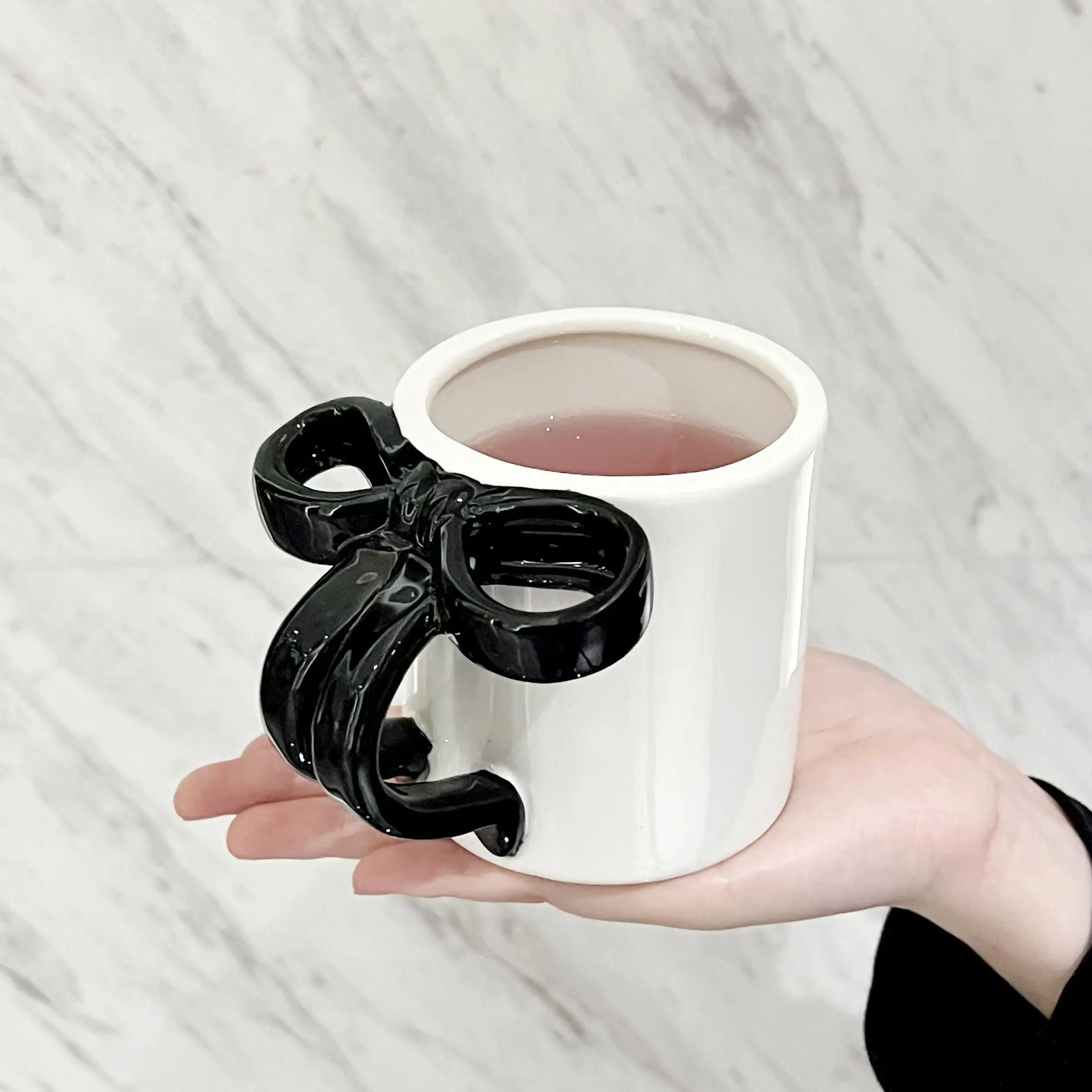 Cute Pink Bow Ceramic Water Cup High Appearance Level Coffee Cup Girl's Mug Office Home Niche Couple Cup