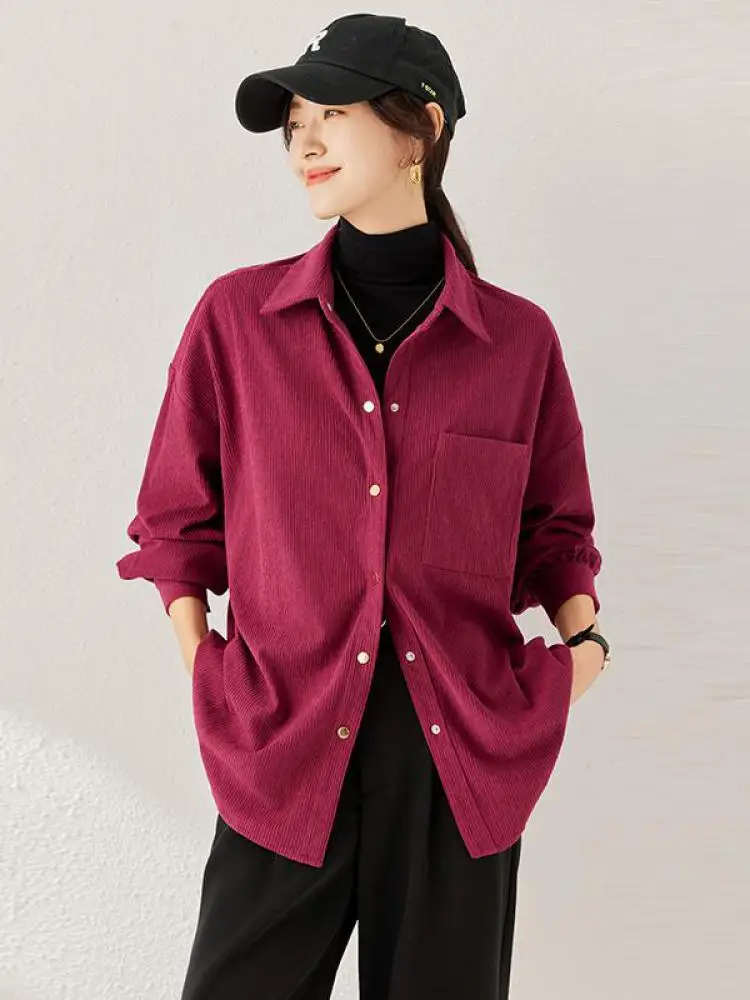 

Korean Vintage Autumn Purple Red Single Breasted Long Sleeved Shirt Women Elegant Versatile Professional Blouse Tops Streetwear