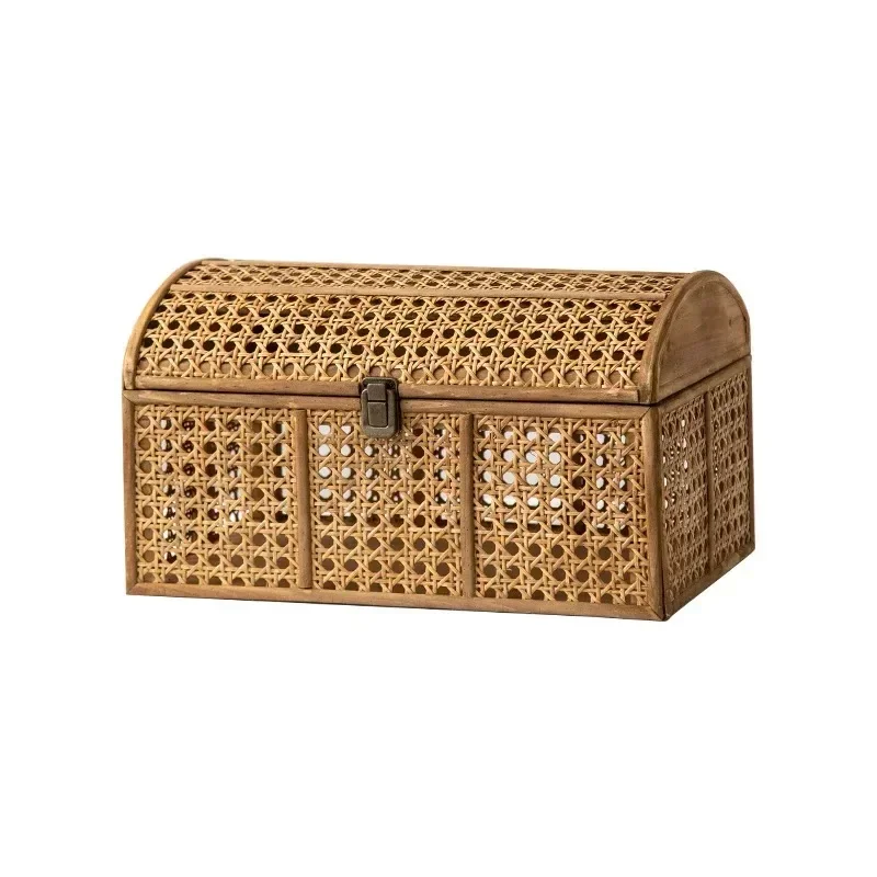 Vintage Chinese Rattan Storage Basket Large Capacity Clothes Organizer Cosmetic Box Multi-Functional Treasure Chest with Lid