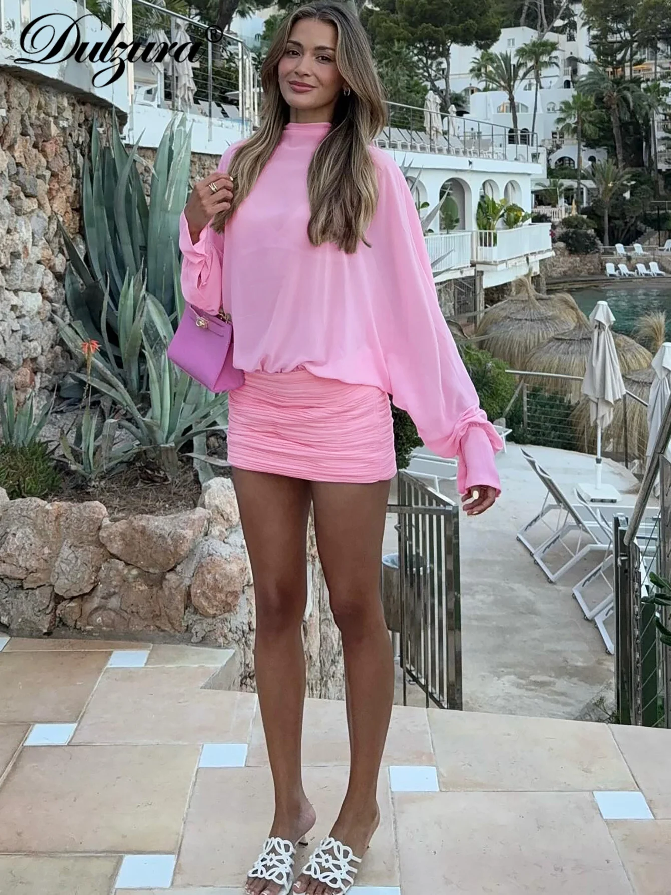 Dulzura 2025 moda de otoño Sexy cuello redondo manga larga fruncido ajustado transparente de una sola botonadura de gasa Mini vestido de fiesta Club traje