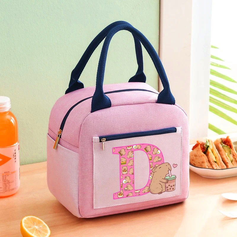 Capibara Lunch Bag for Kids Anime Capybara Letter A-Z Bento Handbag Girls School Thermal Insulation Pouch Picnic Food Cases Gift