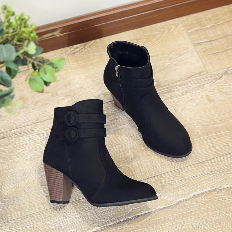 Retro snow Boots Women\'s Shoes 2024 New Square Heel Woman High heels Shoe Rubber Ankle Female Solid Platform Short Boots