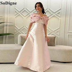 SoDigne Elegant Pink Satin Evening Dresses Off Shoulder Floral Appliques Pleated Party Dress 2024 Formal Occasion Prom Gowns