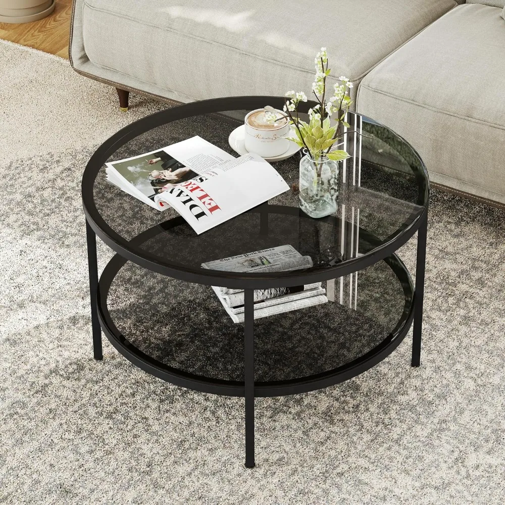 Round Glass Coffee Tables for Living Room End Table 26.4" Modern Center Accent Table With Light Black Glass Bedroom Freight Free