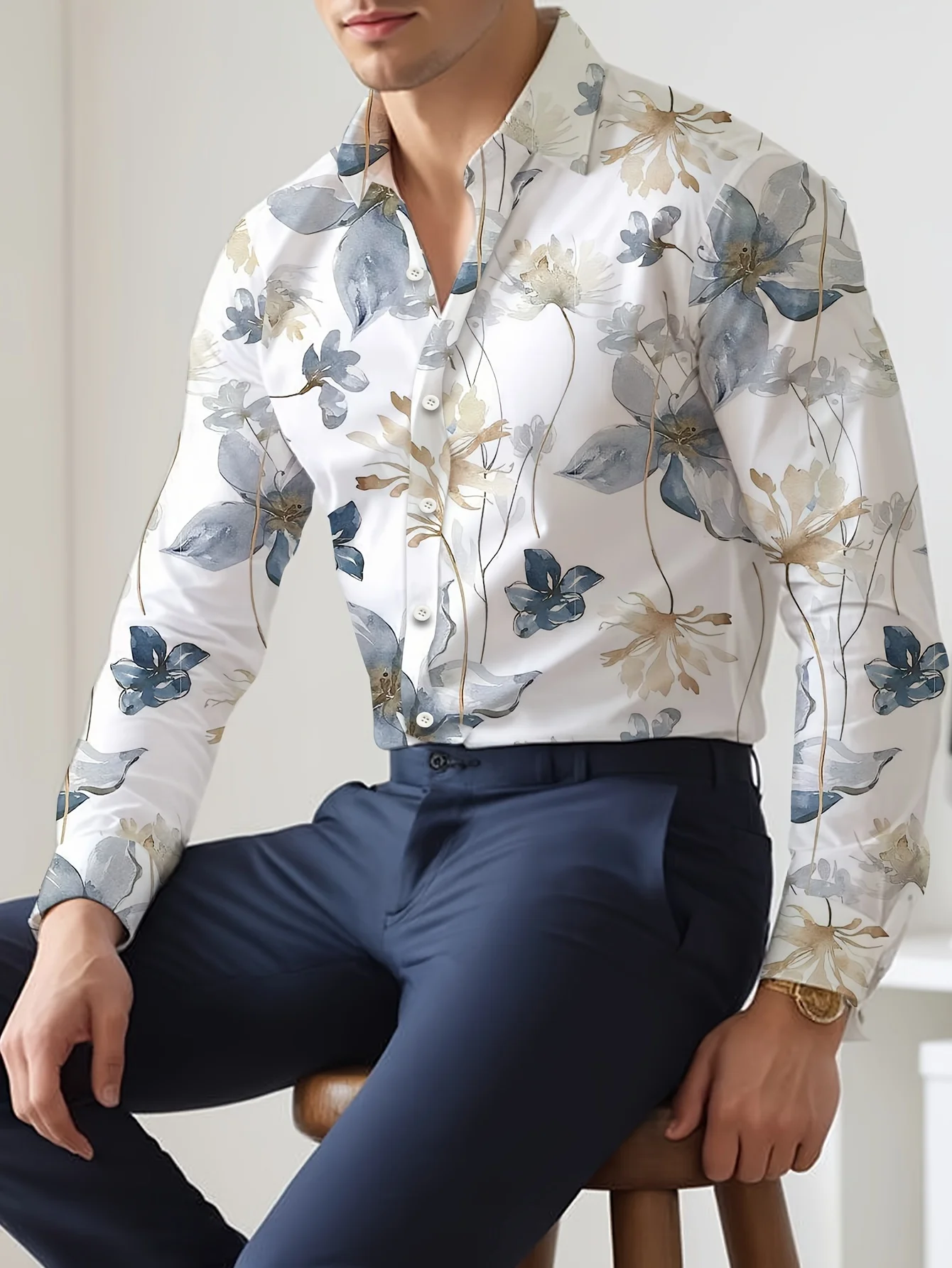 Mens Elegant Floral Pattern Long Sleeve Shirt - Lapel Collar Polyester Fabric Regular Fit Perfect for Business Formal Occasions