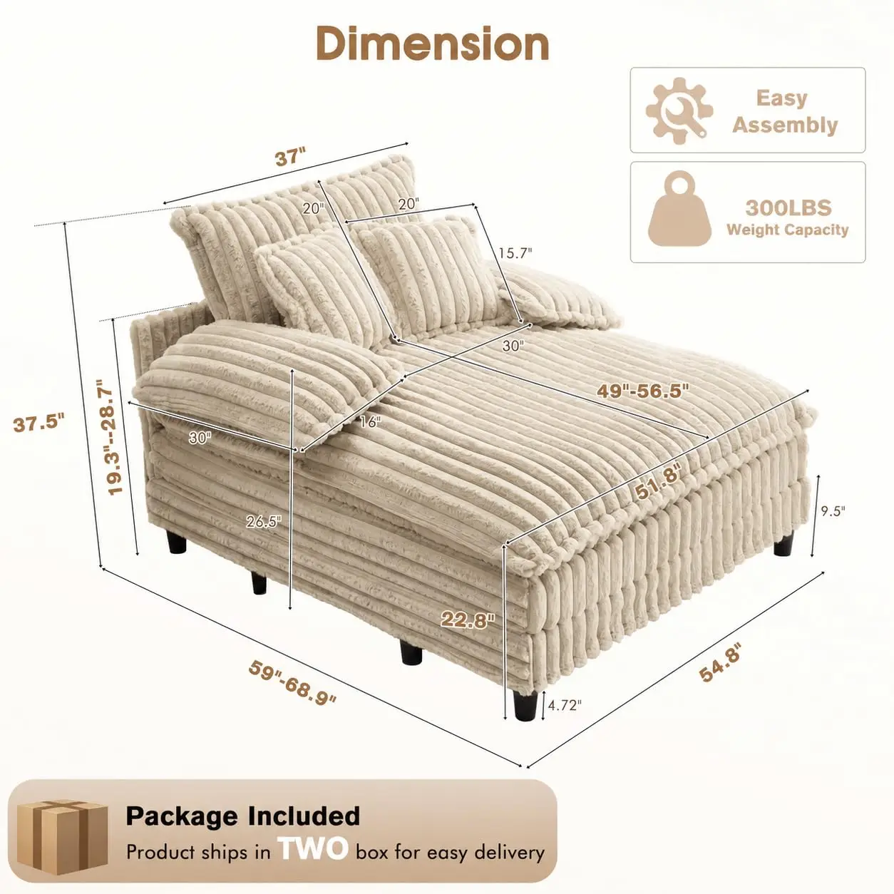 Oversized Chaise Lounge Indoor 5-Position Adjustable Backrest Plush Sleeper Sofa Pillows Living Room 54.8