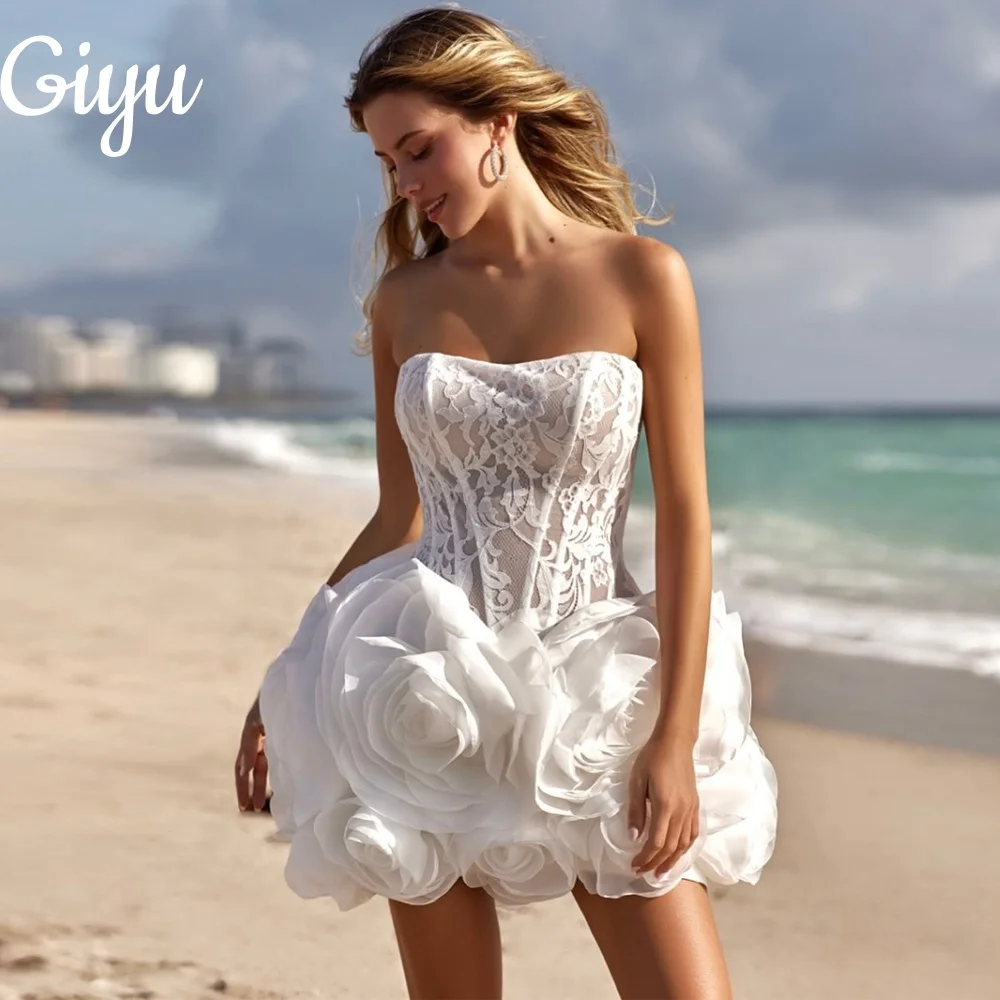 Giyu Elegant Short Wedding Dresses For Woman Bride Mini Modern Handmade Flowers Lace Sleeveless Vestido De Novia Customized 2025