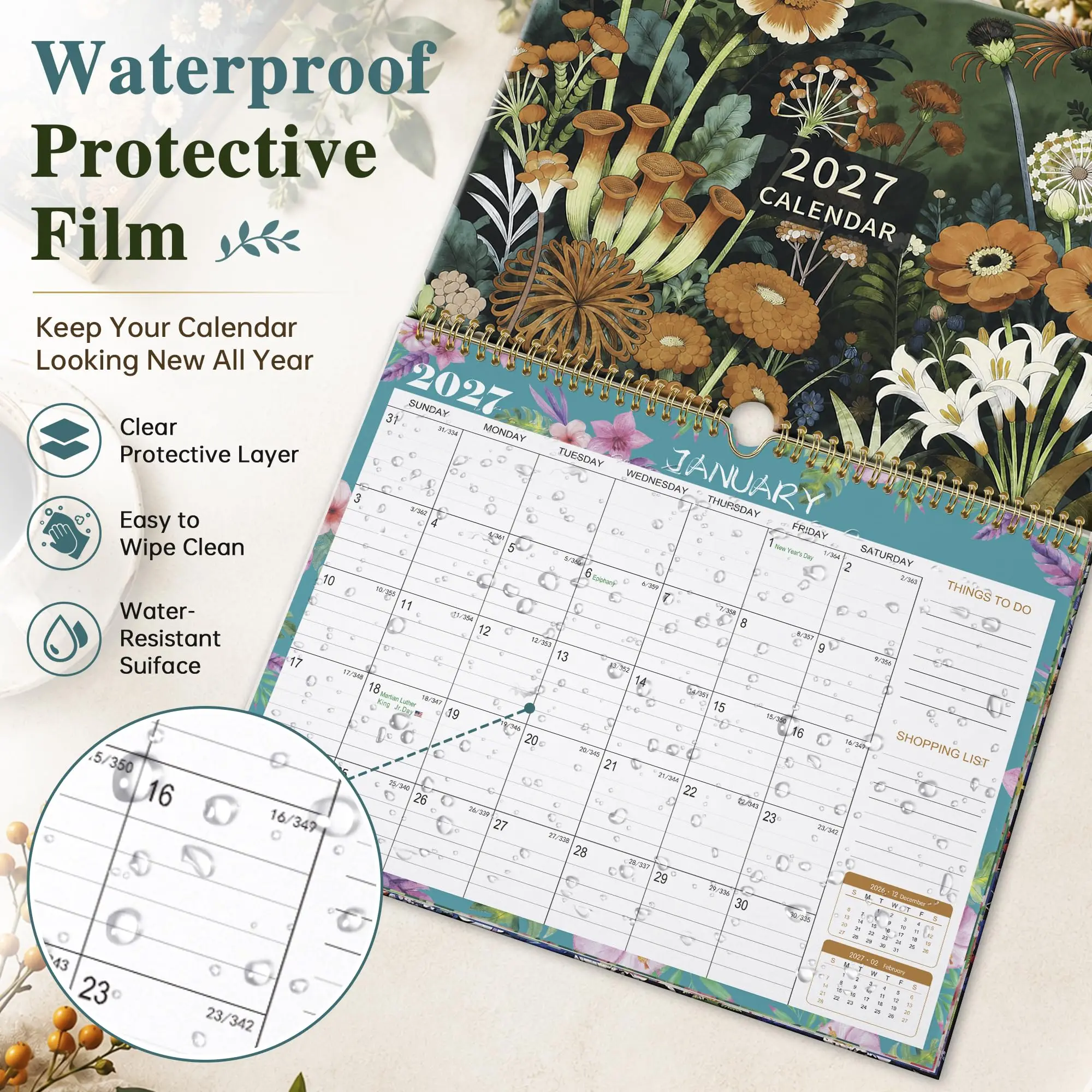 Botanical Flower 2027 Wall Calendar 12 Month Spiral Hanging Planner Large Writing Blocks Shopping List for Family Daily Planning