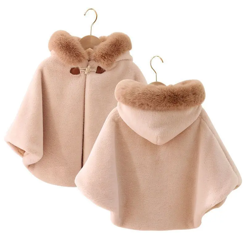Imitation Fur Baby Girl Cloak Autumn Winter Solid Color Infant Toddler Fur Collar Hooded Cape For 1-7Y Kids Warm Outwear Top