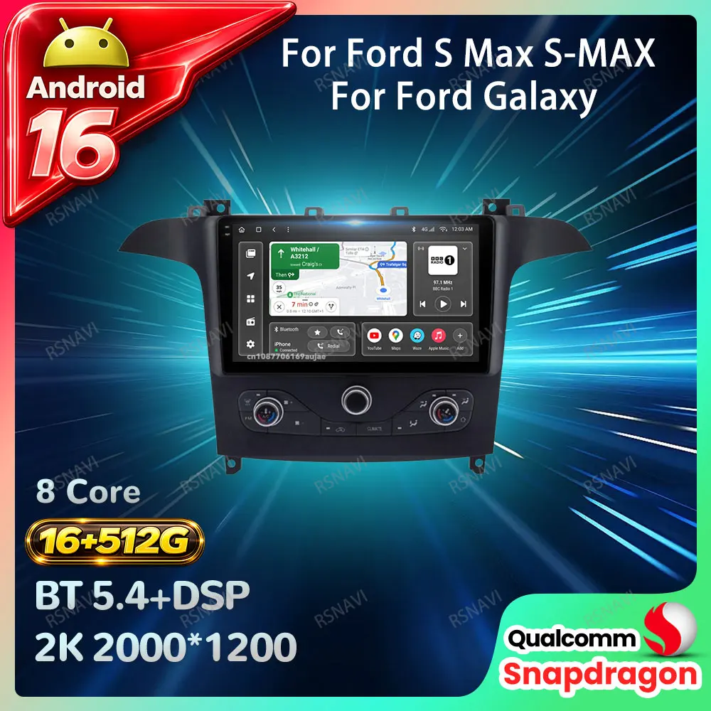 Radio para Auto Android 16 para Ford S Max S-MAX 2006-2015, para Ford Galaxy 2014, Unidad Principal Estéreo DSP, Carplay Inalámbrico, Auto QLED, 5G WIFI