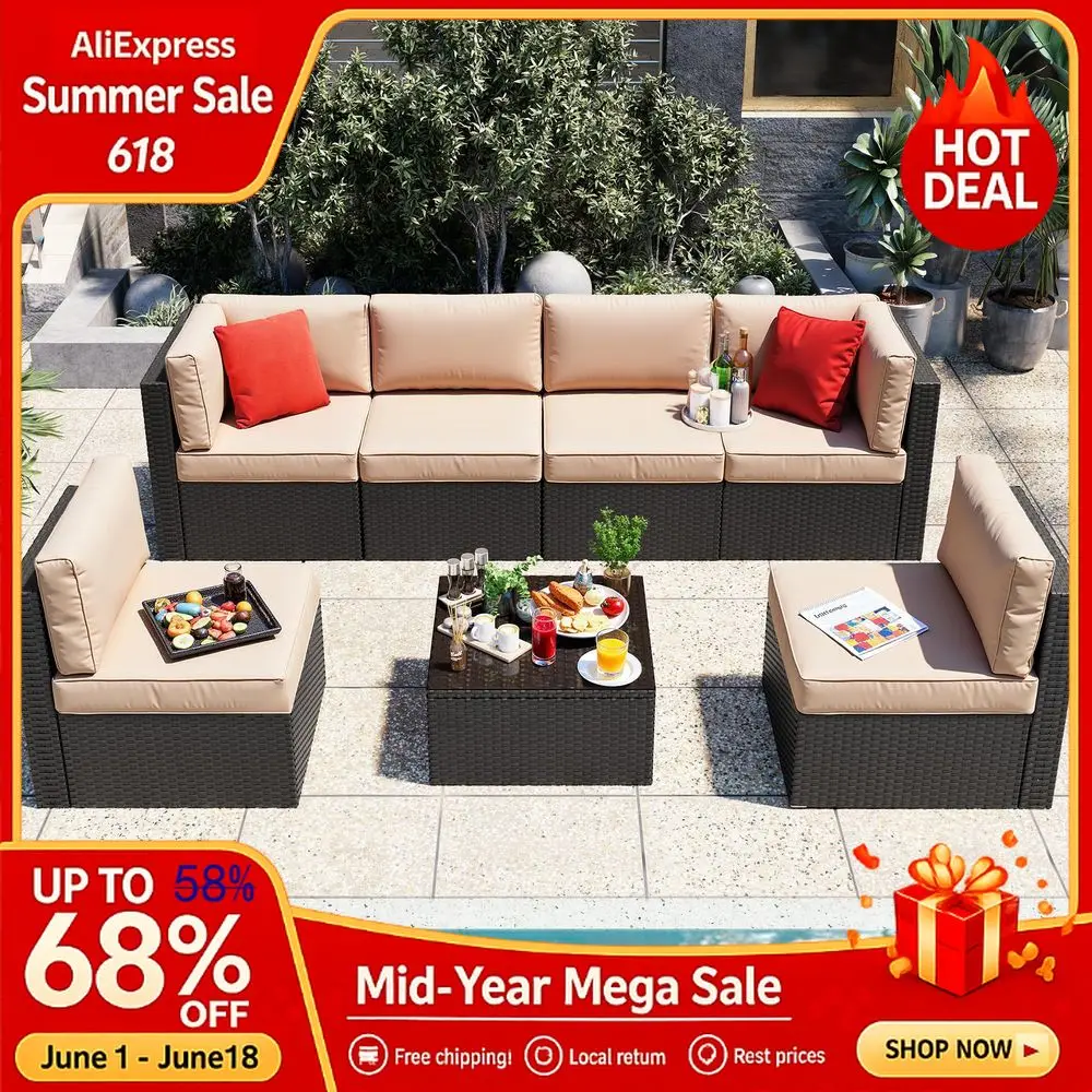 

7 Pieces Patio Furniture Sets, Outdoor Patio Conversation Set PE Rattan Wicker Sectional Sofa Couch Glass Coffee Table, Custom