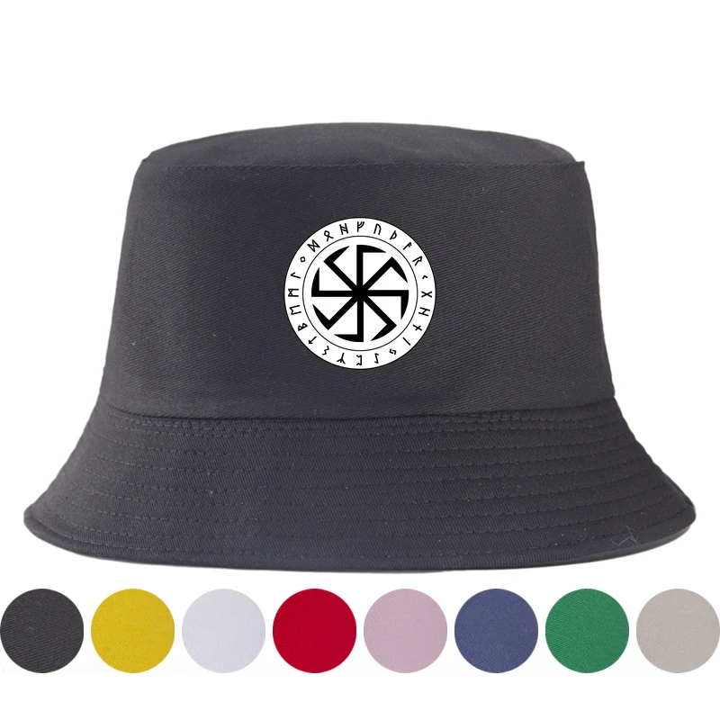 Slavic Kolovrat Bucket Hat Men Women Runic Circle Sun Wheel Fisherman Cap Nordic Viking Runes Summer Outdoor Hat Hip Hop Panama