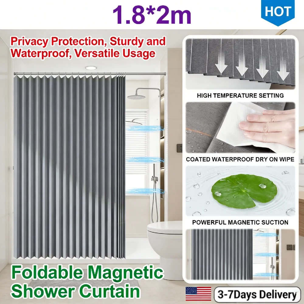 

Магнитная складная водонепроницаемая занавеска для ванной с 14 крючками, утолщенная непрозрачная ткань, разделитель для уединения, силиконовая полоса, современная для ванной/душа