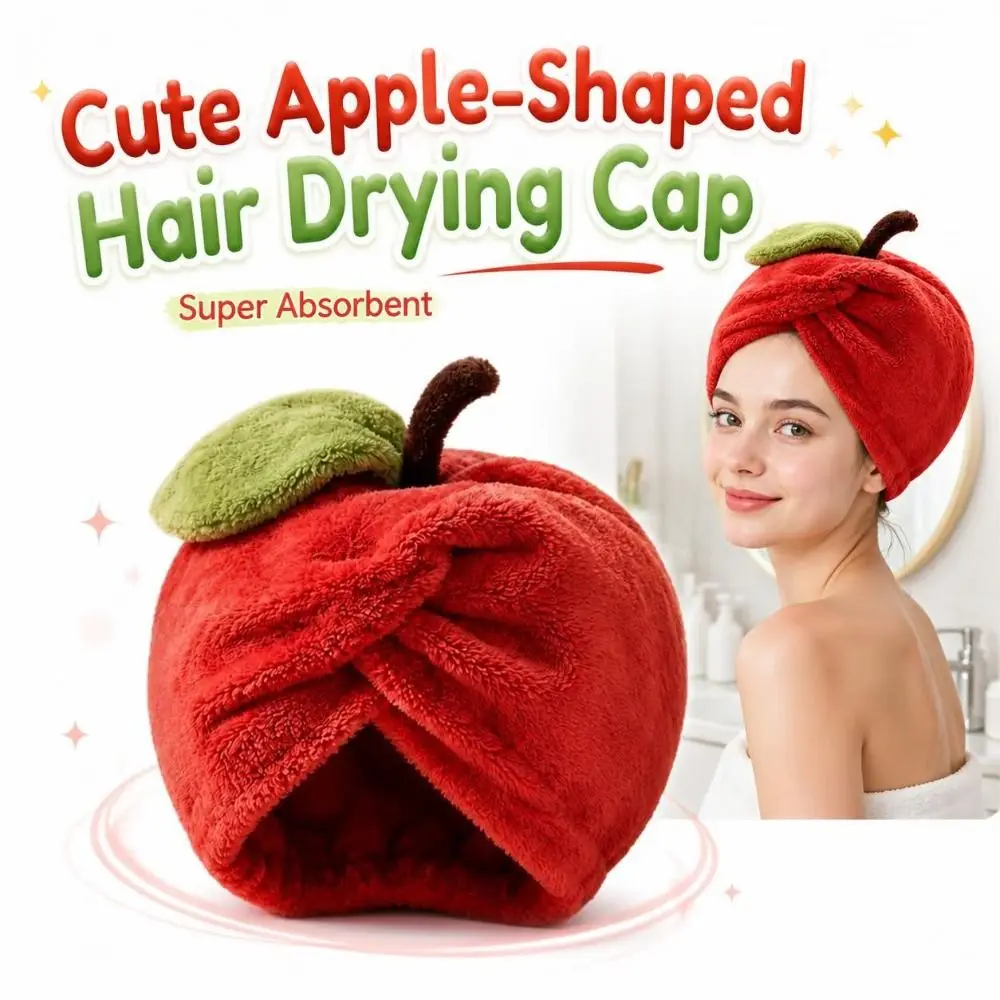 Super Absorbent Apple-shape Hair Drying Cap Thickened Coral Fleece Material Shower Bath Cap Soft Quick Dry Absorbent Hair Cap