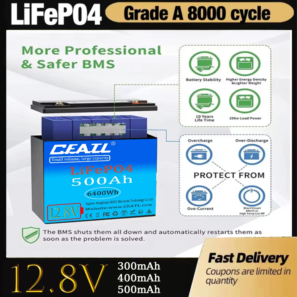12.8V 300Ah 400Ah 500Ah LiFePO4 Lithium Battery  Built-in BMS 12000+ Cycles Deep Cycle Battery For Solar System Boat RV Free Tax