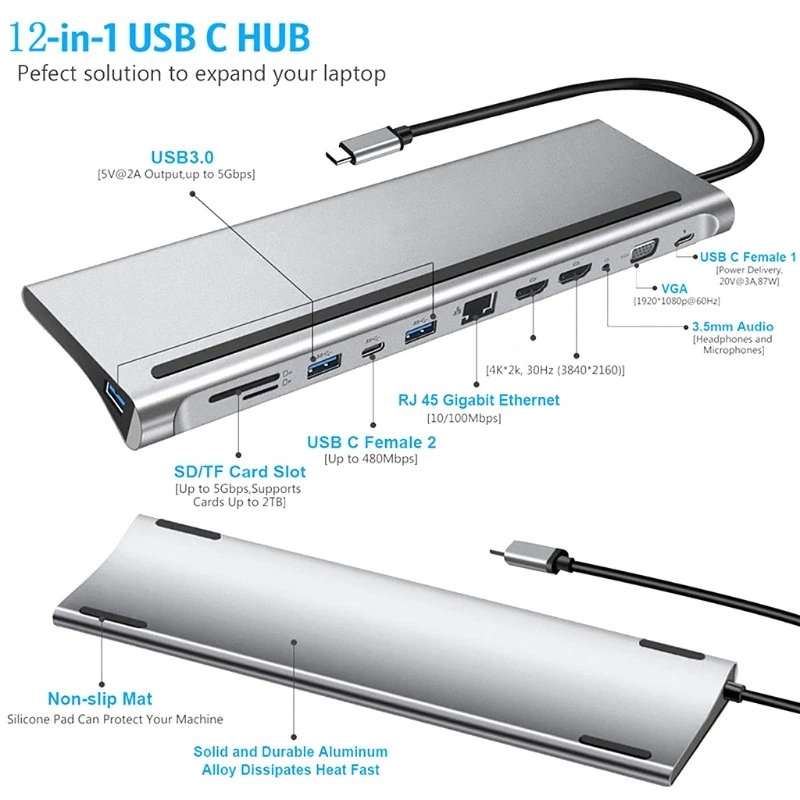 

12-в-1 USB Type-C Hub to Dual для Rj45 Multi USB Адаптер питания Док-станция для ноутбука Поддержка Pd Transmiss