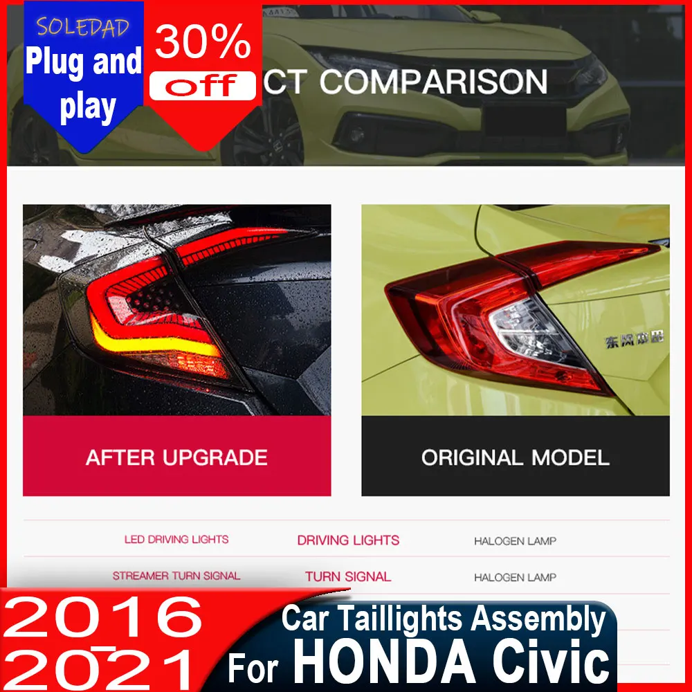 

A pair Tail Lights Assembly For Honda Civic 10th Gen 2016-2021 Car LED Lights Rear Tail Lamps Turn Signal DRL Dynamic Light