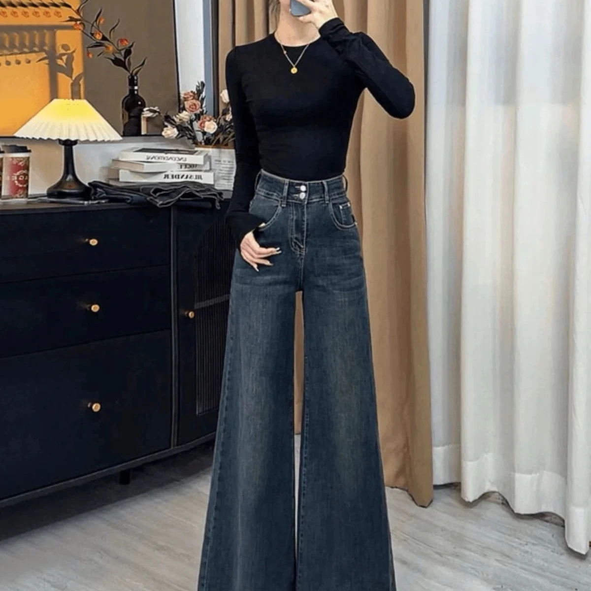 جينز نسائي Y2k جينز ريترو واسع الساق عالي الخصر فضفاض مناسب لشتاء 2025 تصميم جديد طويل القامة بنطلون متعدد الاستخدامات بطول الأرض