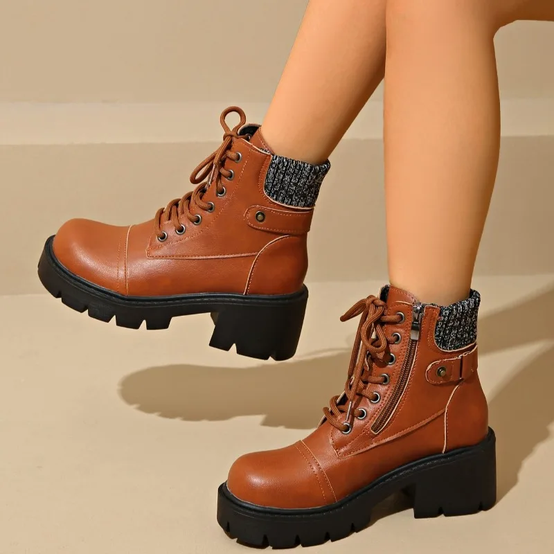 Boots for Women Fashion Chunky Heels Ankle Boots 2025 New Casual Leather Boot Lace-Up High Heel Platform Boot Womens Ankle Boots