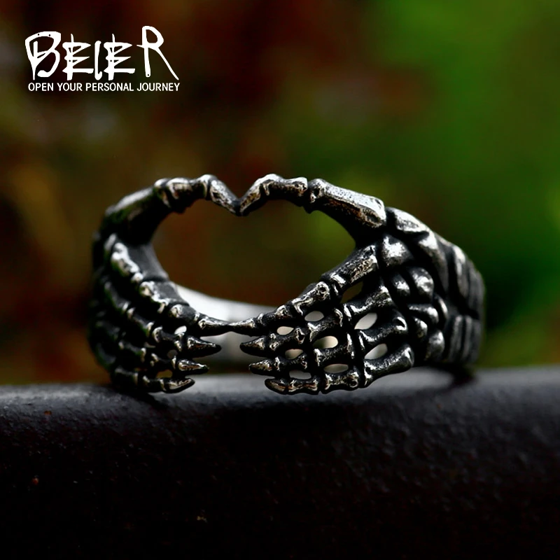 BEIER 2023 New Cute Design Stainless Steel Skull Hand Heart Ring For Couple Punk Cool Jewelry For Men Women