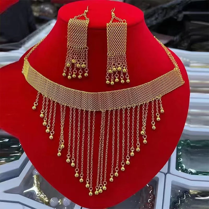 Dubai Gold color Metal Necklace Earrings Set Luxury Tassel Pendant Design Bridal Jewelry Set Free Shipping