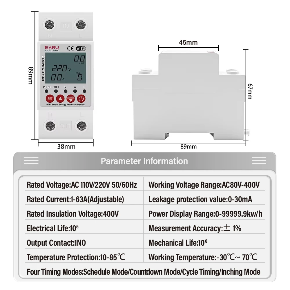 2P 63A TUYA APP WiFi Smart Circuit Earth Leakage Over Under Voltage Protector Relay Device Switch Breaker Energy Power kWh Meter