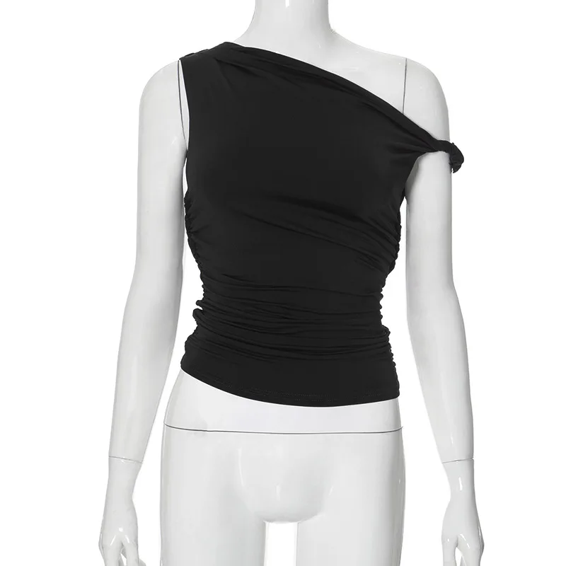 2025 New Streetwear Women'S Summer Shrink Pleated One-Shoulder Crop Top Sexy Slim  Backless Twist Tie Asymmetric Casual T-Shirts